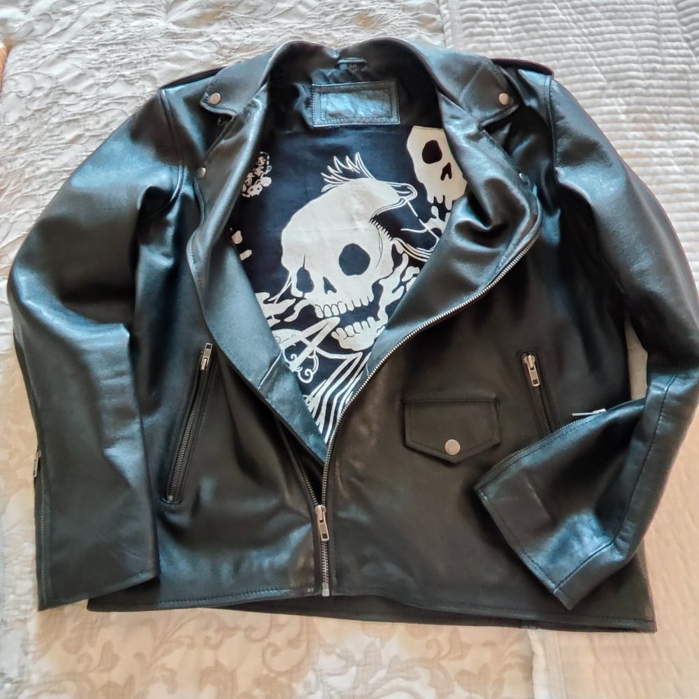 Biker Lambskin Leather Jacket with Custom Samurai Skeleton Fabric Lining